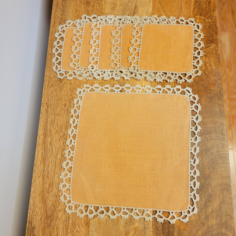Vintage Linen Hand Crocheted Edges Orange Set Of Tablecloth